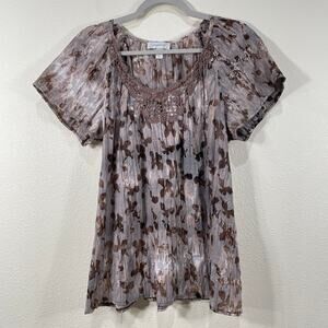 Y2k Dressbarn Floral Crinkle Floral Lace Flowy Blouse Mori Kei Fairy Grunge L